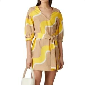 Chinti & Parker 100% Cotton Puff Sleeve Tie Waist V-Neck Mini Dress • Size 10